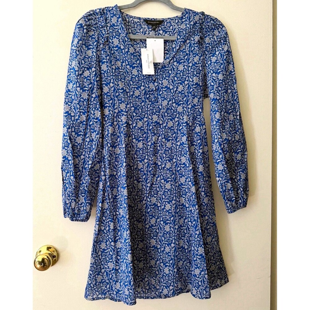 Banana Republic XS Sheer Blue Floral Long Sleeve Mini Dress